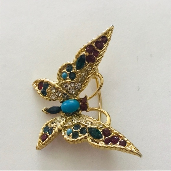 Vintage 80's Gold Plated Butterfly Brooch Pin with Crystals - Picture 2 of 8